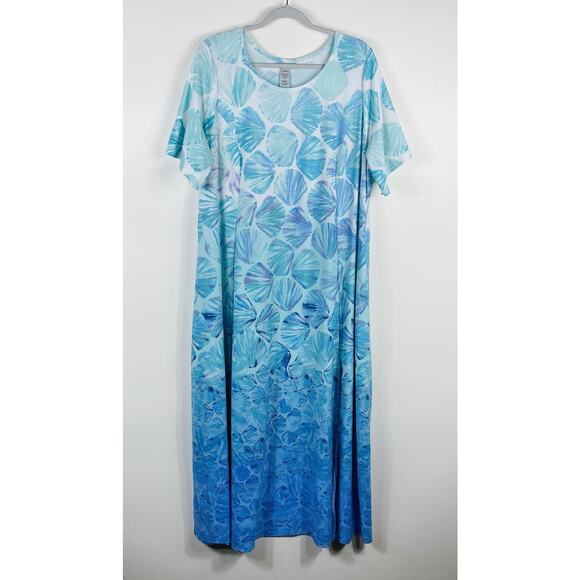 Catherines Plus Size 2X Petite Seashell Print Casual Maxi Dress Green Blue - Picture 1 of 4
